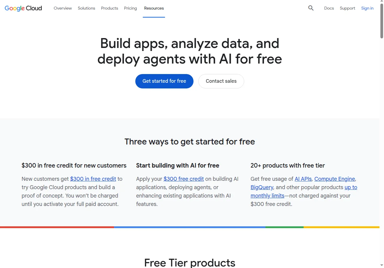 Google Cloud free program page showing $300 Welcome credit for new customers over 90 days