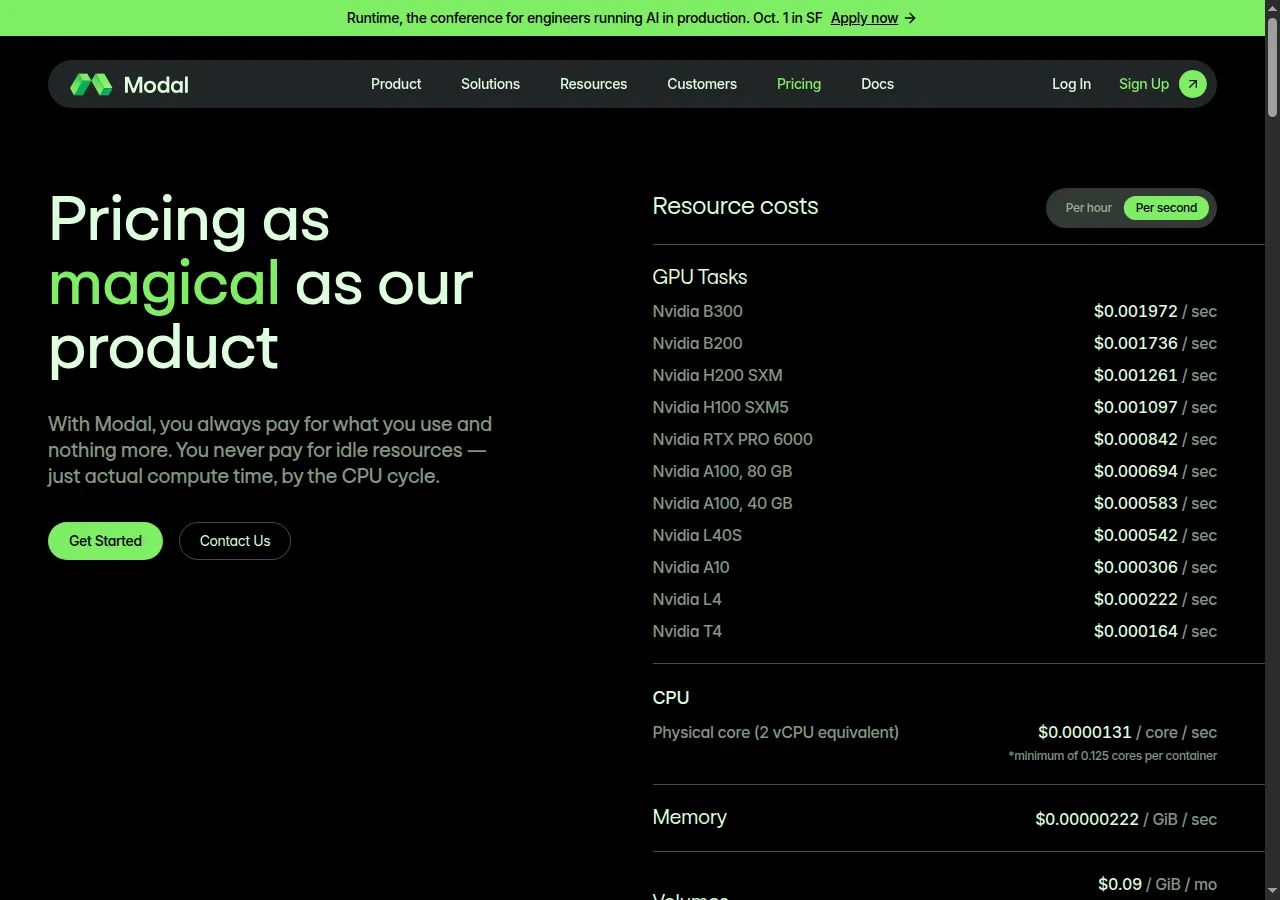 Modal pricing page showing per-second GPU rates including Nvidia H100 at $0.001097/sec
