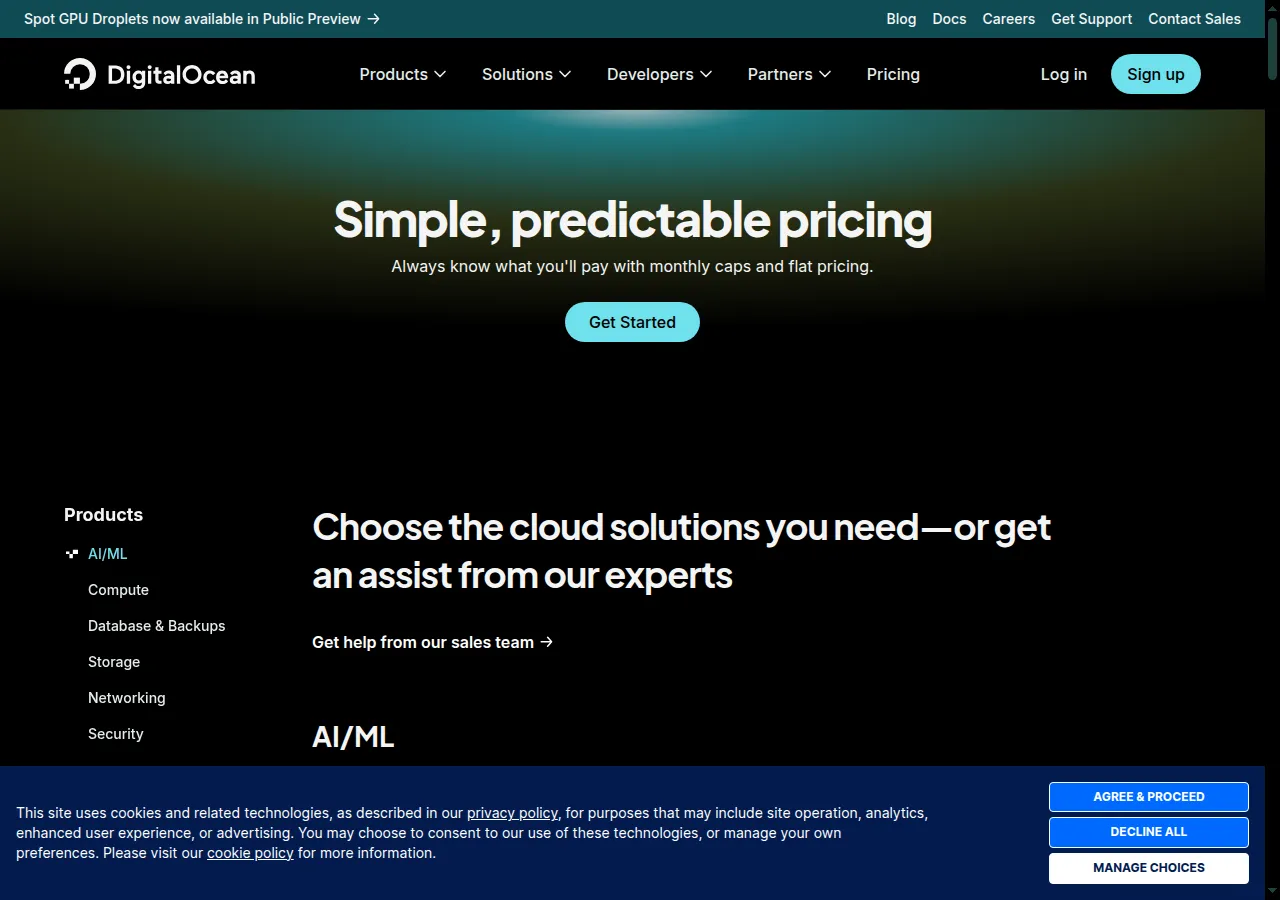 DigitalOcean Droplet pricing page showing Basic Droplet at $4/month, per-second billing with monthly cap