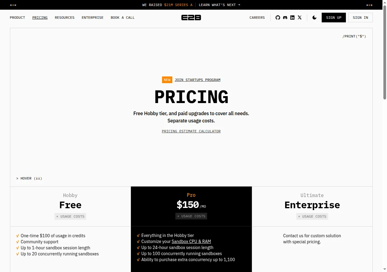 E2B pricing page showing Hobby plan at $0/month with one-time $100 usage credit and no credit card required