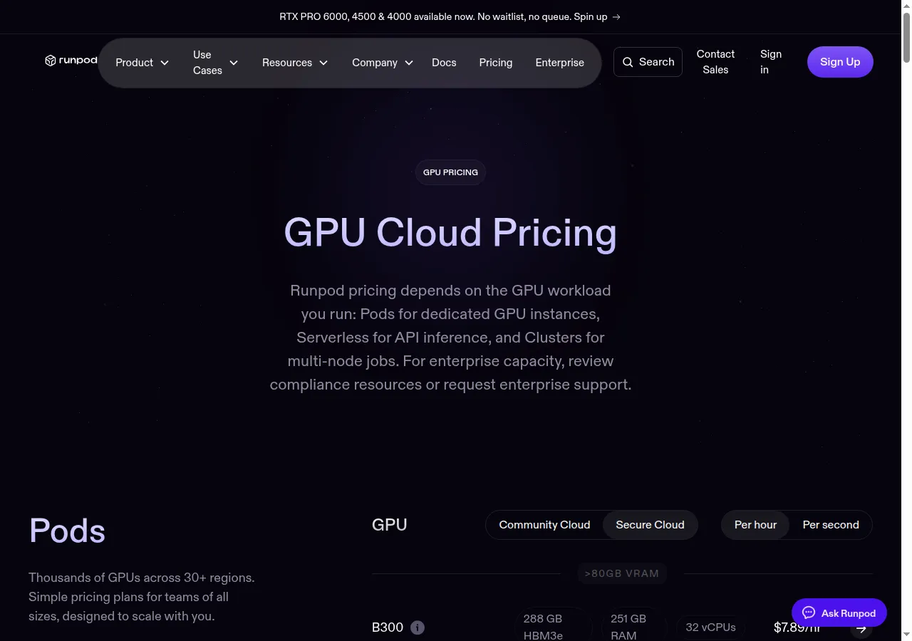 RunPod GPU pod pricing page showing Community Cloud and Secure Cloud rates from $0.16/hr to $7.89/hr