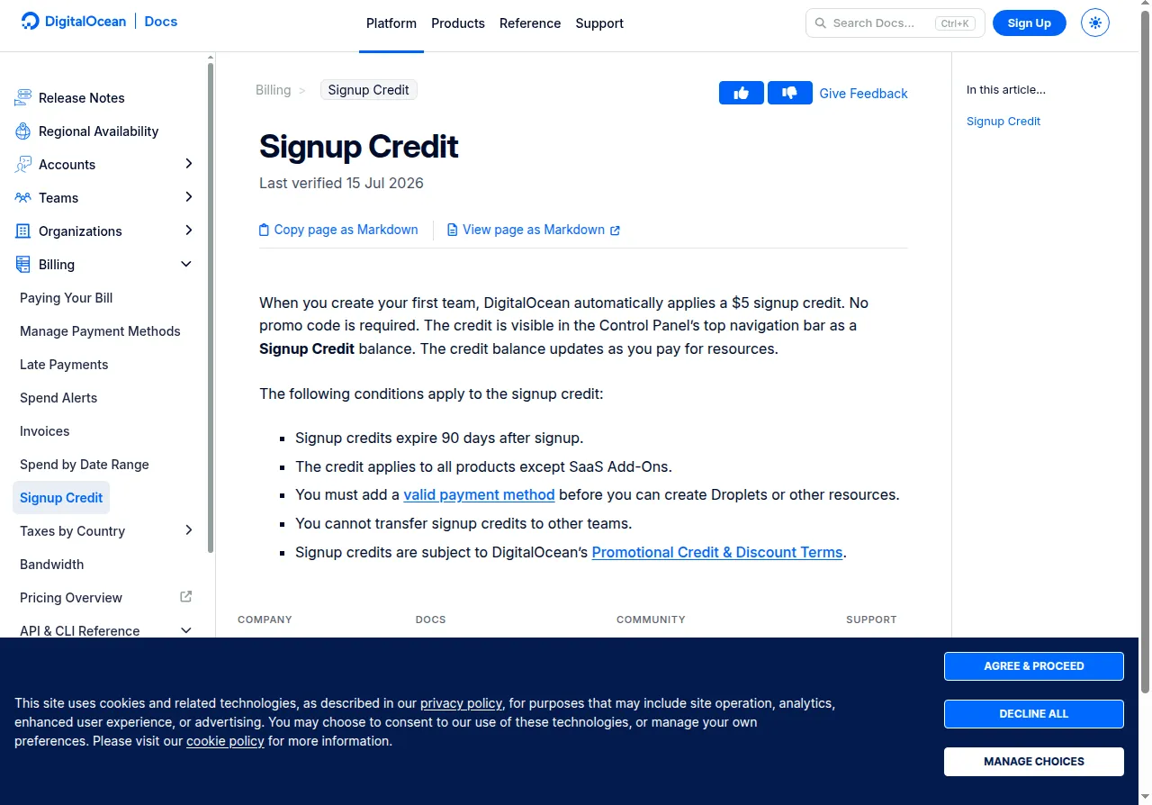 DigitalOcean signup credit offer page showing $5 free credit for new accounts over 90 days, no promo code needed