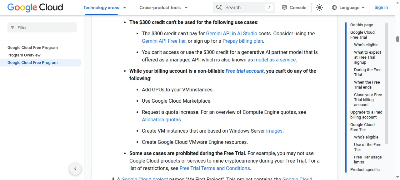 Google Cloud free trial docs listing actions a non-billable Free Trial account cannot take, including adding GPUs to VM instances and requesting a quota increase