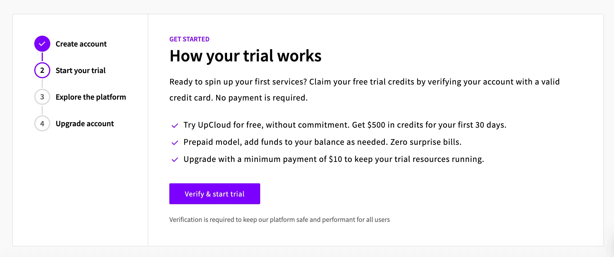 UpCloud signup flow step titled How your trial works: get $500 in credits for your first 30 days, verify with a valid credit card with no payment required, and upgrade with a minimum payment of $10 to keep trial resources running